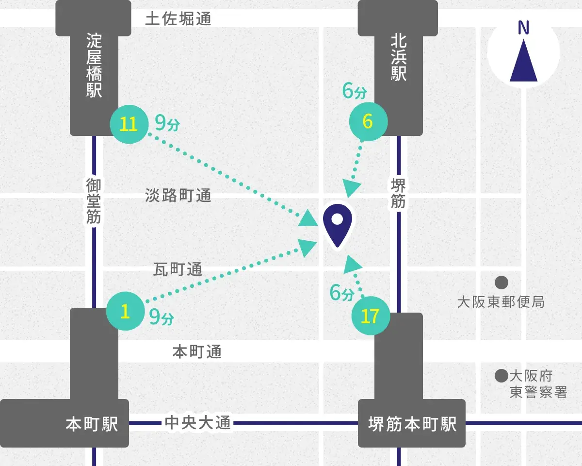 Ihana歯科北浜の周辺地図（大阪市中央区瓦町・堺筋本町駅徒歩6分）
