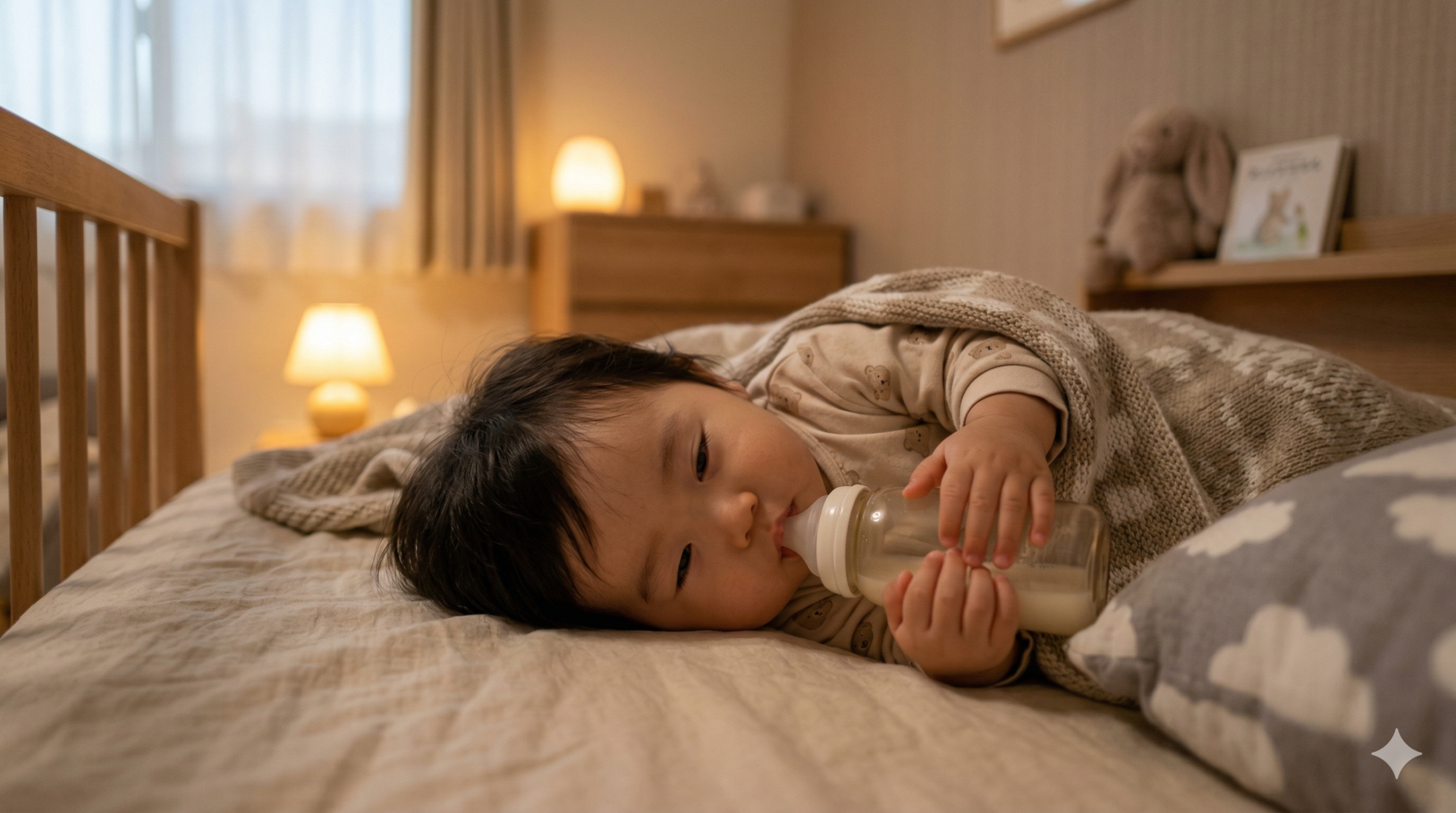 夜の寝室で、哺乳瓶をくわえたまま横になっている赤ちゃん