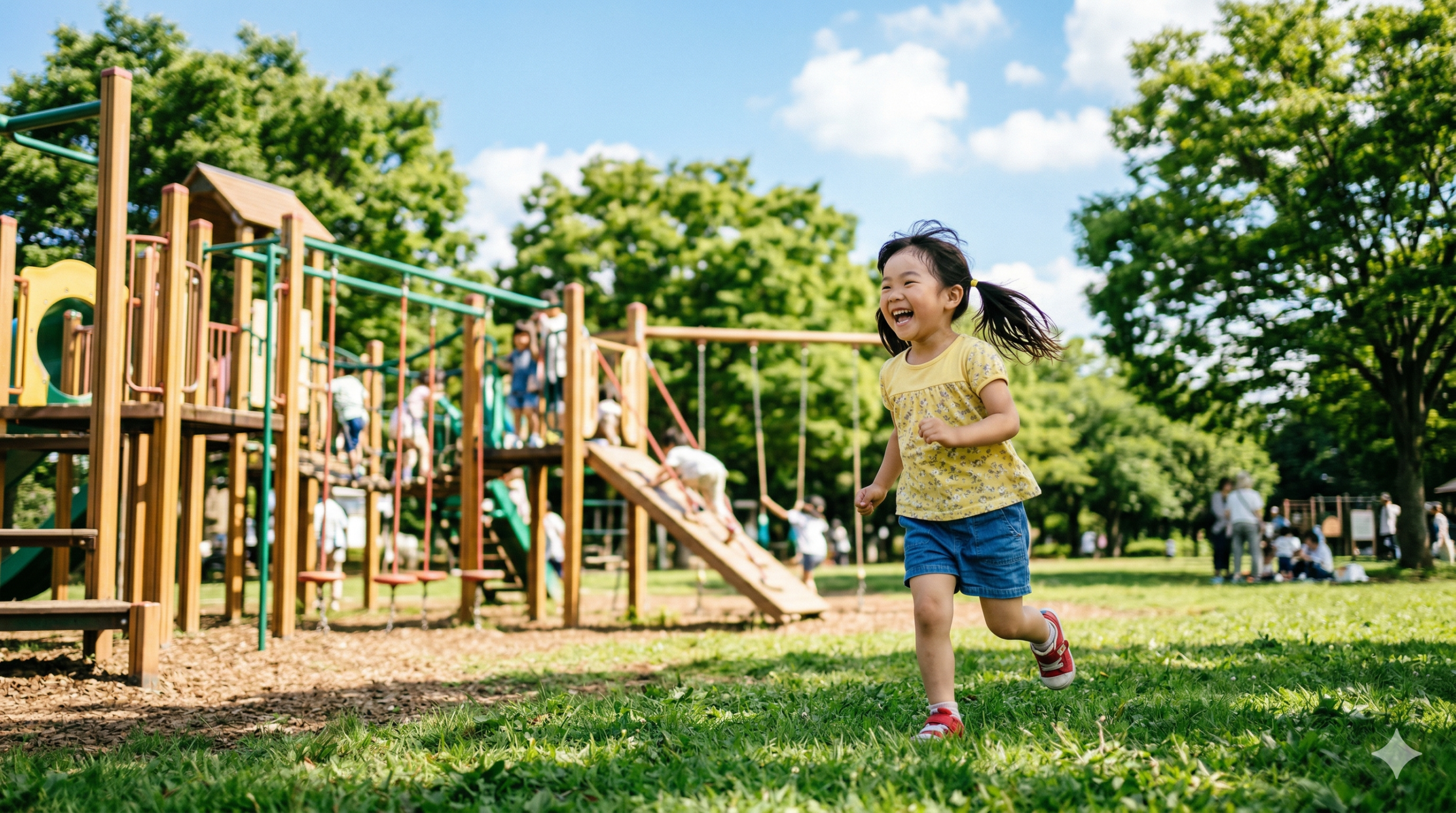 遊具のある公園で走る子どもたち。歯をぶつける事故は遊びや運動の場面で起きやすい