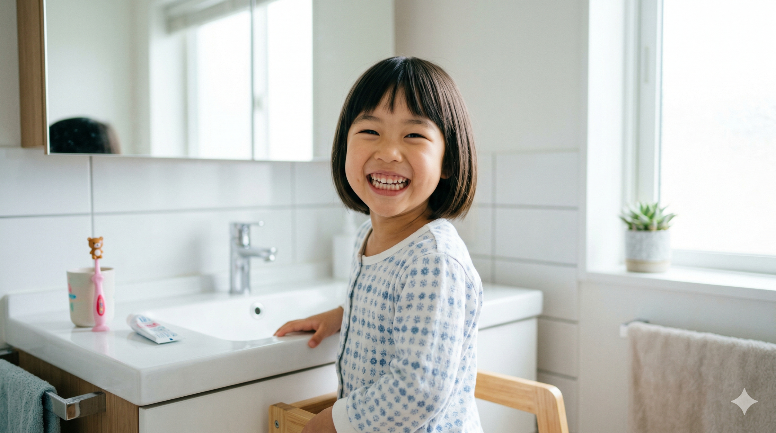 洗面台の前で笑う女の子(イメージ写真・歯ブラシと歯みがき粉が置いてある)