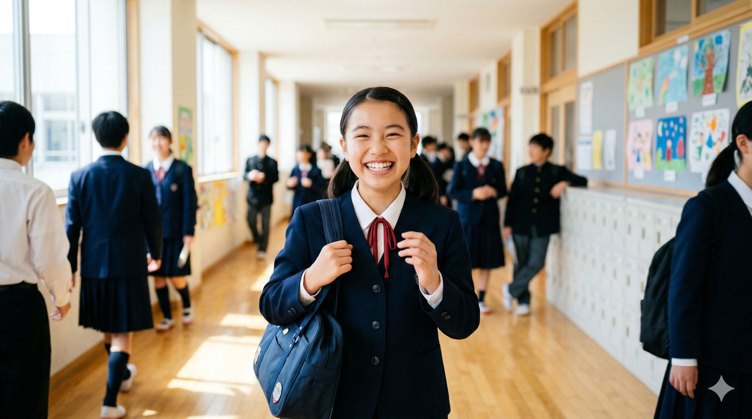 校舎の廊下で笑顔の制服姿の中学生(親知らずがレントゲンで見えはじめる年ごろ)